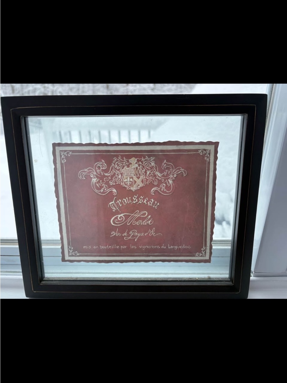 Framed Red Vintage-Style Wine Label Wall Accent